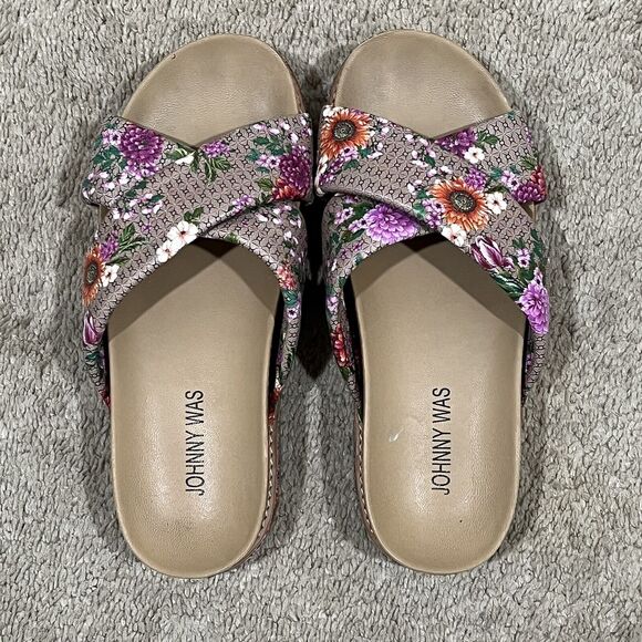 Johnny Was Size 7 Jenna Cross Cross Sandal Leather Slip Ons Slides Floral Boho - Picture 7 of 10